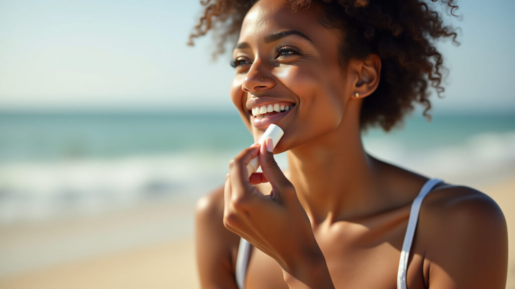Close-up of diverse woman applying hydrating lip balm with SPF in natural light, Brazilian beach Mulher aplicando hidratante labial com FPS na praia.