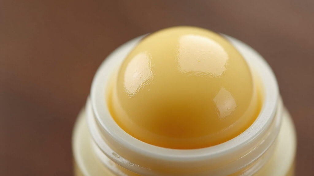 Close-up of lip balm with cocoa butter, smooth texture, natural light, focus on product, commercial Hidratante labial com manteiga de cacau.