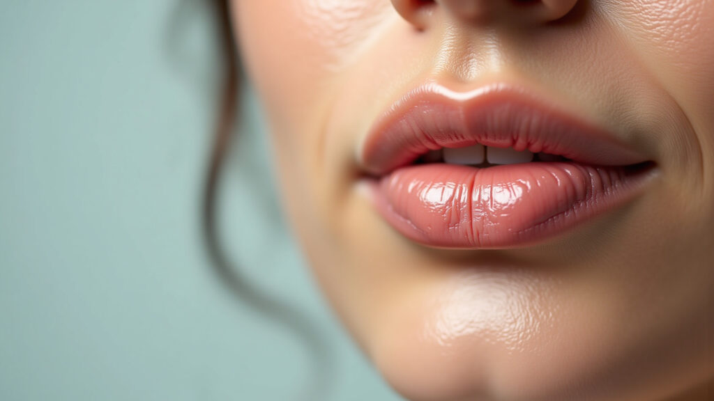 Close-up of lip balm with hyaluronic acid, moisturizing effect, focus on texture, commercial Hidratante labial com ácido hialurônico.