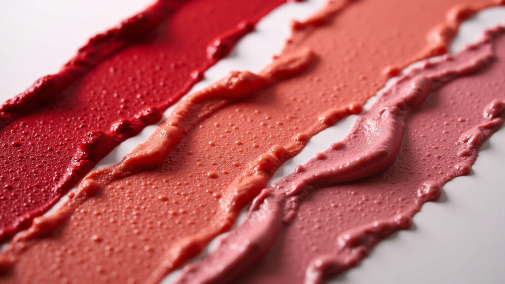 Close-up of lip tints in gel and water textures, vibrant colors, studio lighting, product Texturas em gel e aquosas de lip tint em cores vibrantes.