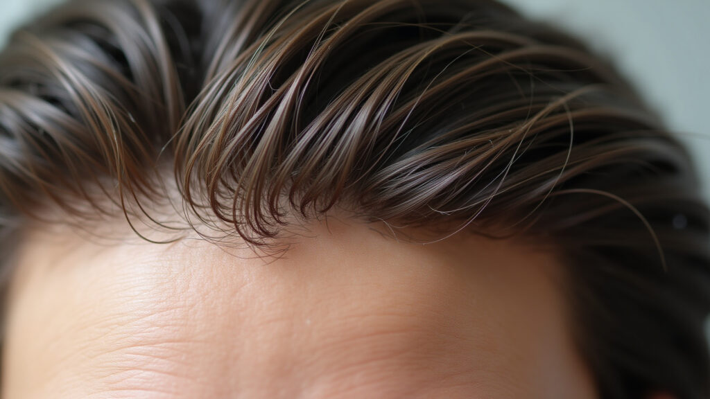 Raiz do cabelo com aspecto oleoso antes da lavagem.