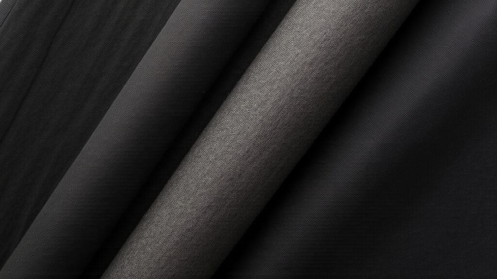 Close-up of various black blazer fabrics (linen, wool, tweed) with different textures. Natural Tecidos para blazer preto: linho, lã e tweed.