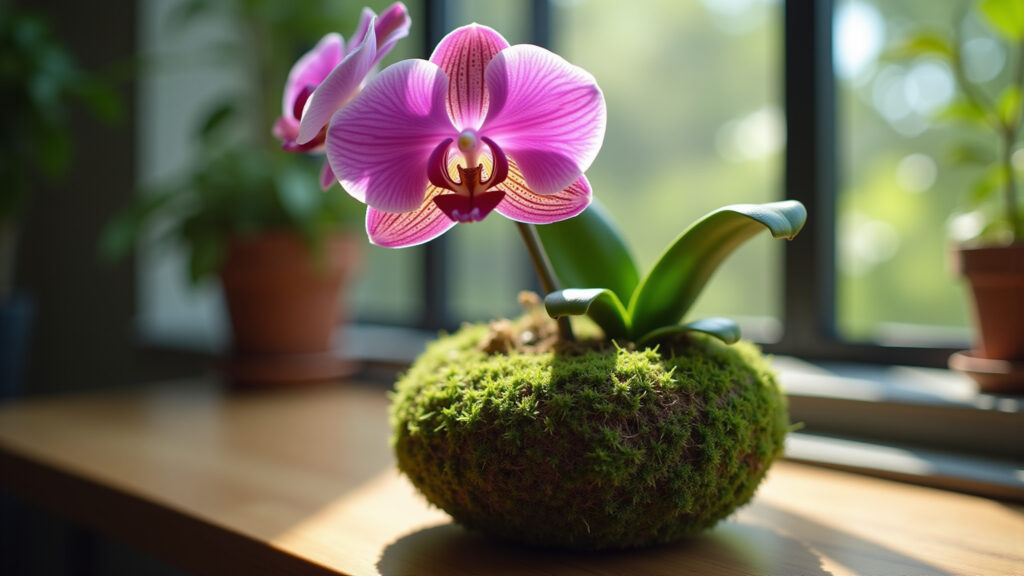 Kokedama de orquídea Phalaenopsis exibindo detalhes da bola de musgo.