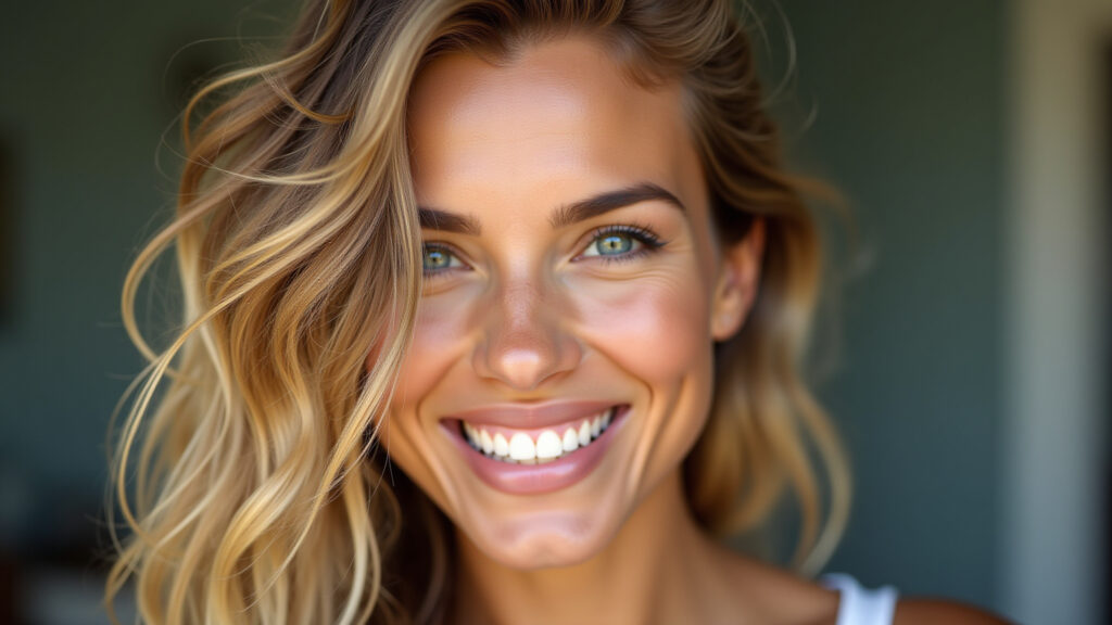 Close-up, smiling woman with honey blonde money piece highlights, natural light, professional Mulher sorrindo com mechas frontais loiro mel.