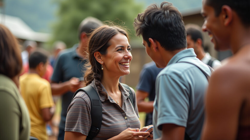 Community-based tourism in Minas Gerais, woman interacting with locals, 8K quality, natural Mulher interagindo com moradores locais em uma experiência de turismo rural comunitário em Minas Gerais.