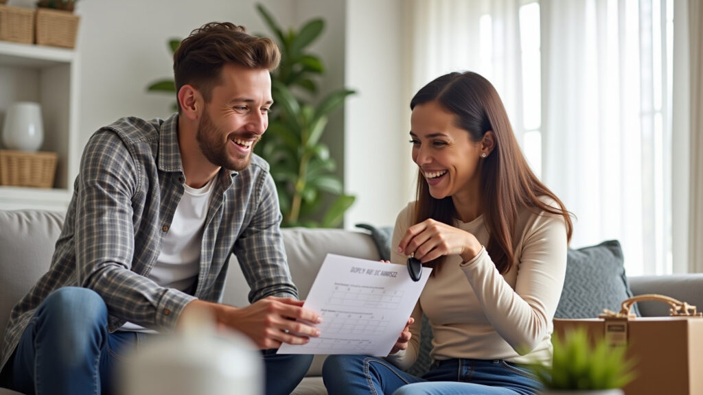 Couple discussing logistics for the day of delivery, calendar, car keys. Modern apartment, natural Casal organizando a logística para o dia do parto.