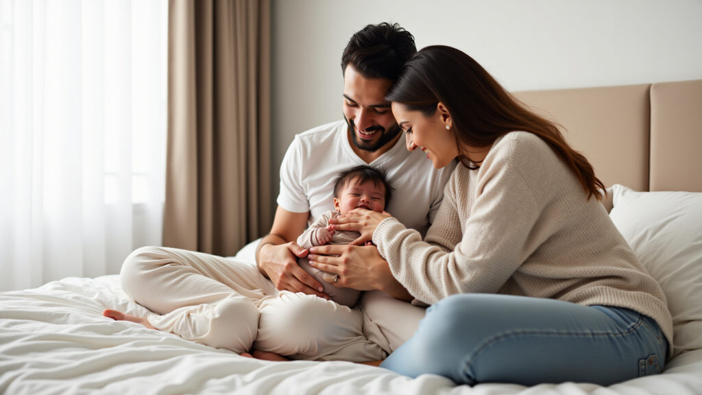 Couple reconnecting intimately after childbirth, soft lighting, comfortable bedroom setting, Casal se reconectando intimamente após o parto.