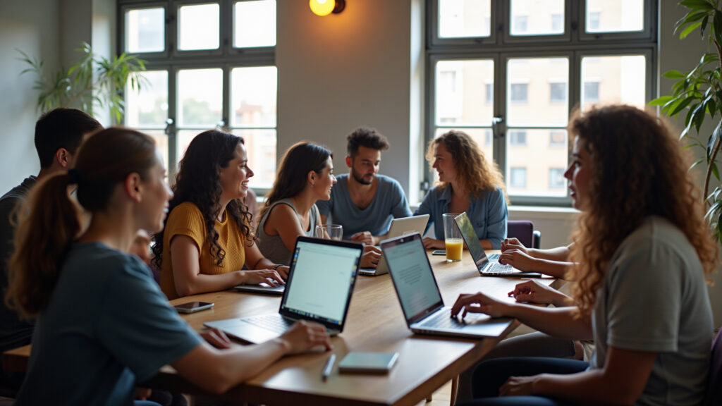 Coworking space in São Paulo, diverse group of digital nomads networking, urban setting, 8k, Nômades digitais fazendo networking em São Paulo.