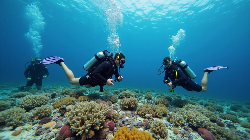 Cozumel, Mexico, underwater photography, beginner scuba divers, gentle currents, colorful coral Iniciantes mergulhando em Cozumel, México, com correntes suaves e recifes coloridos.