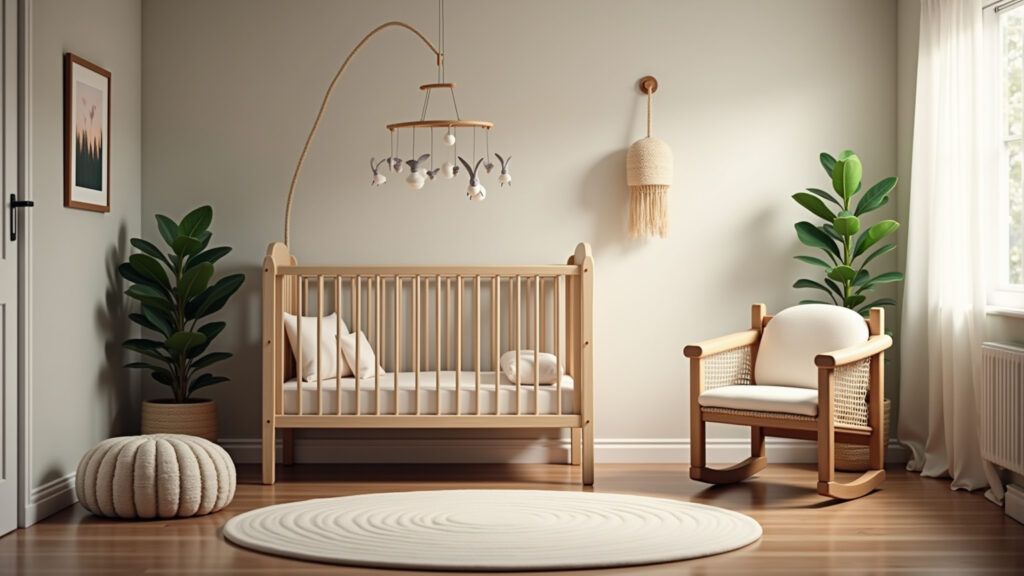 Cozy baby room with crib, mobile, and soft lighting. Farm Rio style, Brazilian design elements, Quarto de bebê aconchegante com berço e decoração.