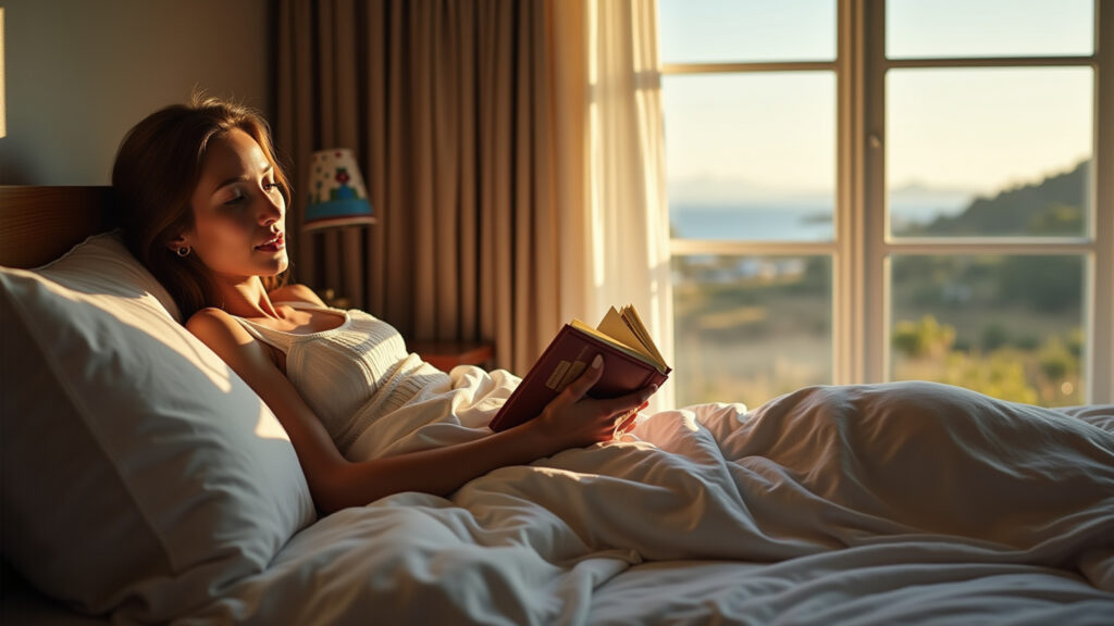 Cozy bed and breakfast in New Zealand. Woman relaxing with a book. Natural lighting, 8K, sharp Mulher relaxando em bed and breakfast aconchegante na Nova Zelândia.