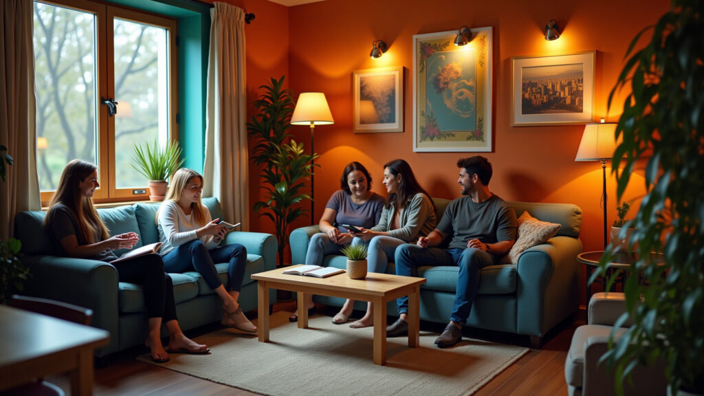 Cozy hostel common area, diverse travelers, reading, chatting, warm lighting, vibrant colors, Área comum de um hostel aconchegante com viajantes.
