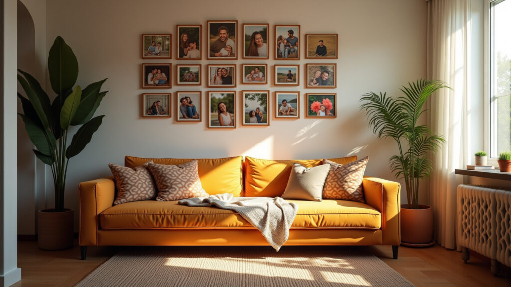 Cozy living room, photo collage wall, warm natural light, Brazilian design, vibrant colors, Parede decorada com fotos pessoais em sala de estar aconchegante.