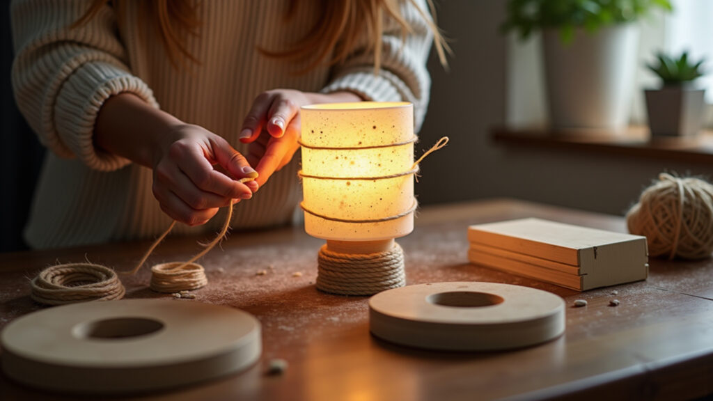 Cozy room, woman's hands crafting a lamp from a transparent ice cream container and twine, warm Luminária artesanal feita com pote de sorvete e barbante.