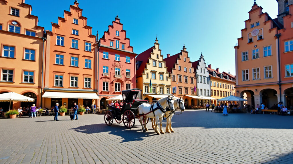 Cracow's Main Market Square, medieval architecture, horse-drawn carriage, sunny day, professional Praça do Mercado Principal em Cracóvia, arquitetura medieval preservada.
