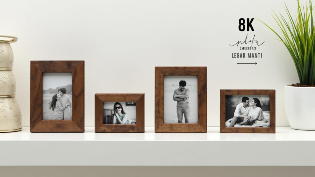 Creative photo frames, rustic wood, unique designs, personal photos, shelf decor, lifestyle Porta-retratos criativos com molduras rústicas de madeira.