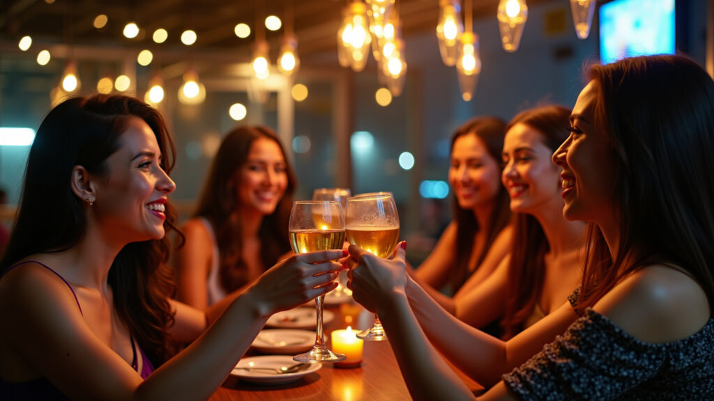 Curitiba New Year's Eve: diverse women toasting in a cozy bar, city lights, festive atmosphere, Mulheres brindando no Réveillon em Curitiba, em um bar aconchegante.