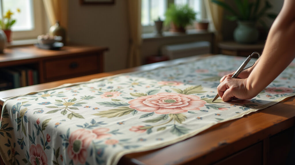 Customizing antique table with adhesive fabric, floral pattern, close-up, scissors, natural light, Customizando mesa antiga com tecido adesivo floral.