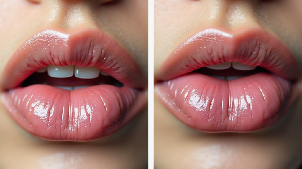 Damaged, cracked lips before and after lip balm application, healing effect, close-up, 8K quality, Hidratante labial para lábios rachados.