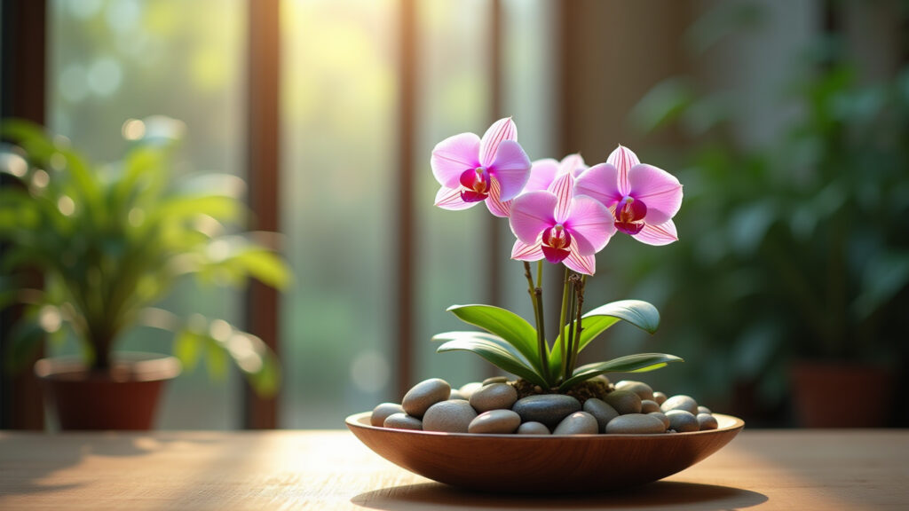 Decorando um kokedama de orquídea com pedras e outros elementos.