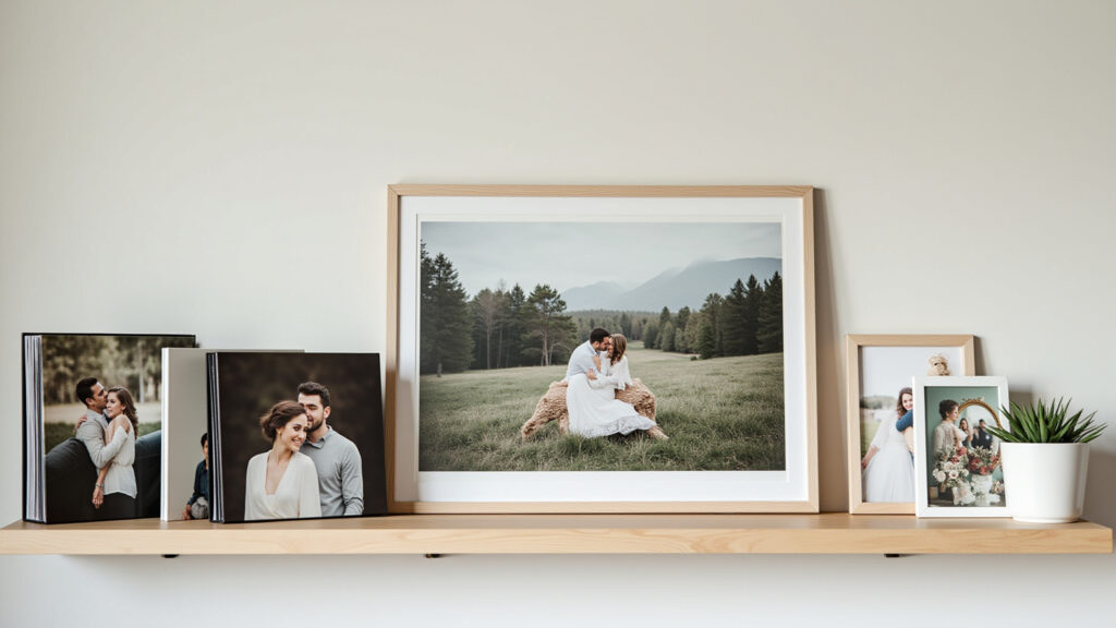 Decorative photo albums, shelf decor, living room, Brazilian design, personal touch, lifestyle Álbuns de fotos decorativos em prateleira na sala.