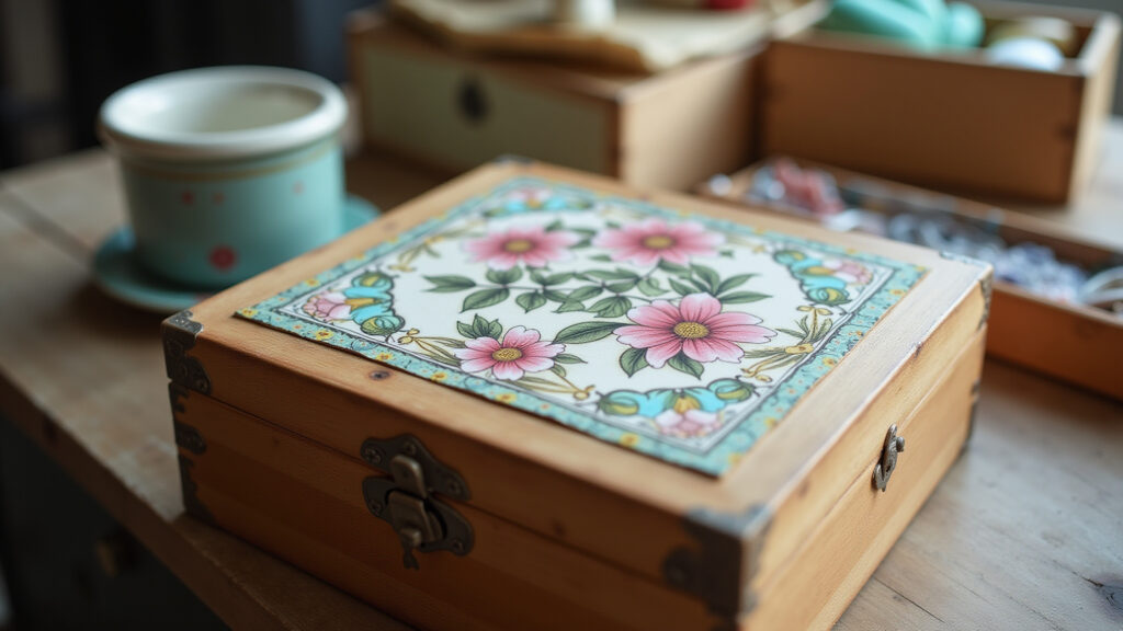 Decoupage on vintage wooden box, floral patterns, craft supplies, close-up, natural light, Decoupage em caixa de madeira antiga com flores.