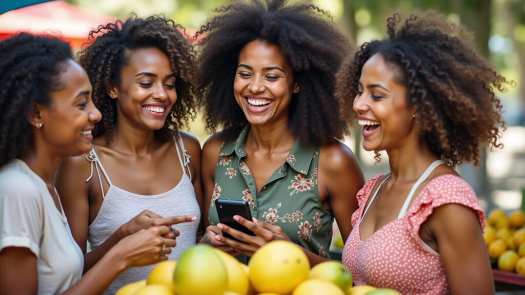 Diverse group of women laughing, exploring a vibrant Brazilian market. One points at fruit, another Grupo de mulheres explorando mercado brasileiro, seguras com seguro viagem.
