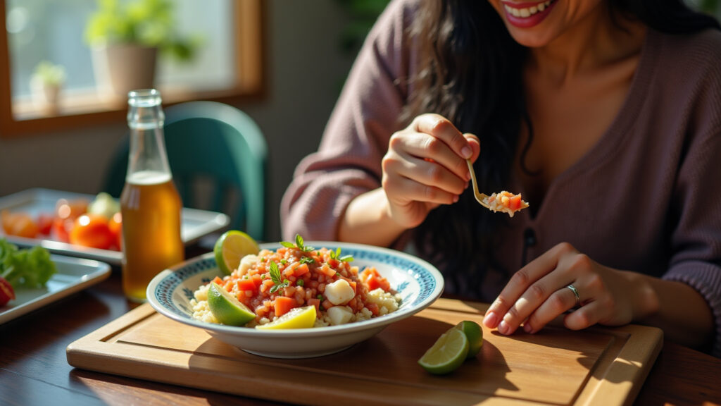 Ecuadorian cuisine: woman enjoying ceviche, fresh seafood, local ingredients, natural lighting, Mulher saboreando ceviche equatoriano.