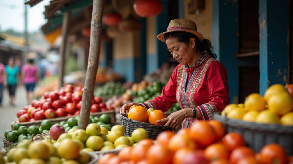 Ecuadorian market: woman buying local fruits, vibrant colors, traditional clothing, natural Mulher comprando frutas em mercado equatoriano.
