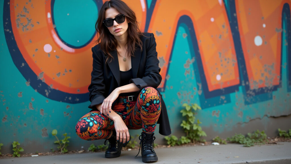 Edgy woman in black blazer, colorful pants, combat boots, posing in front of a vibrant Brazilian Look fashionista com blazer preto, calça colorida e coturno.