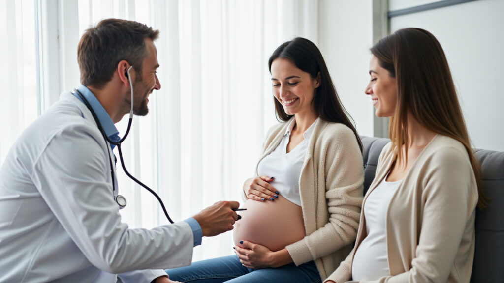 Expecting mother at a prenatal checkup, doctor using stethoscope, smiling. Bright, modern clinic, Gestante em consulta pré-natal, médico examinando com estetoscópio.