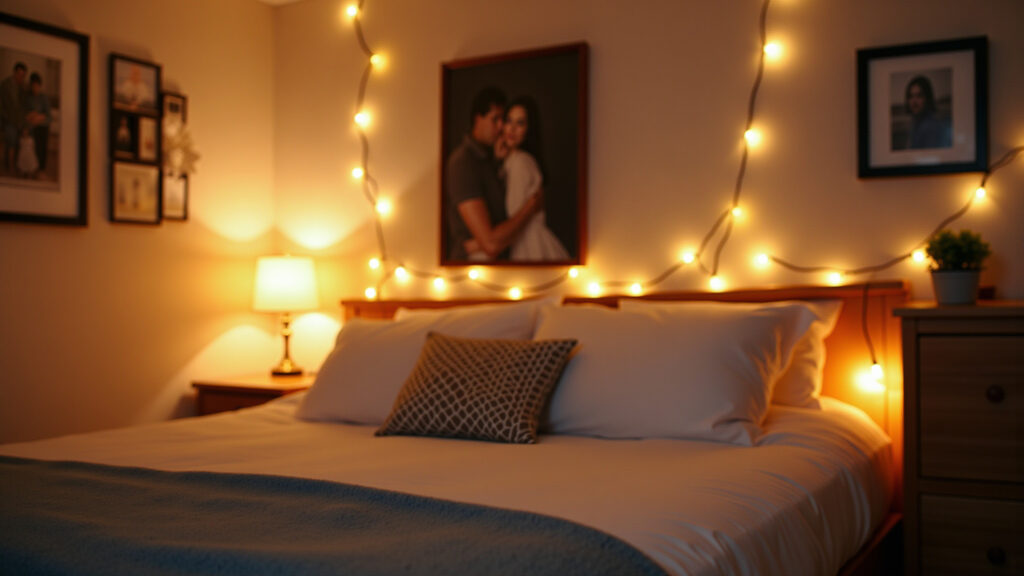 Fairy lights photo display, bedroom decor, soft lighting, intimate atmosphere, personal memories, Varal de fotos com luzes em quarto aconchegante.