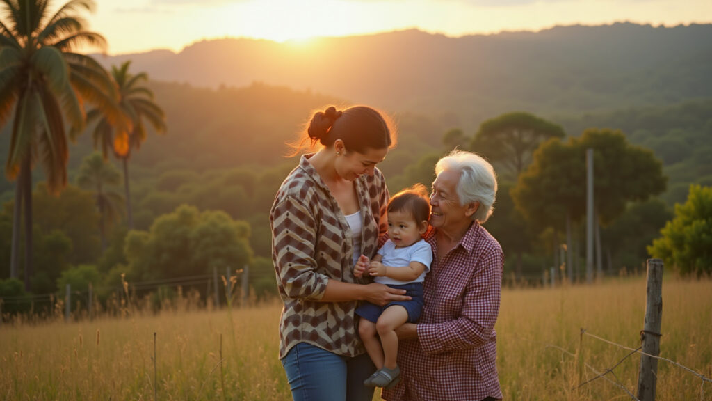 Family farm in Southern Brazil, woman with older relatives, 8K quality, natural lighting, Família aproveitando atividades em fazenda no sul do Brasil.