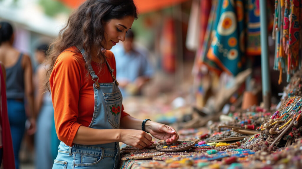 Feira Hippie, Belo Horizonte. Woman browsing artisan crafts, colorful, professional photography, 8K Mulher olhando artesanato na Feira Hippie, BH.