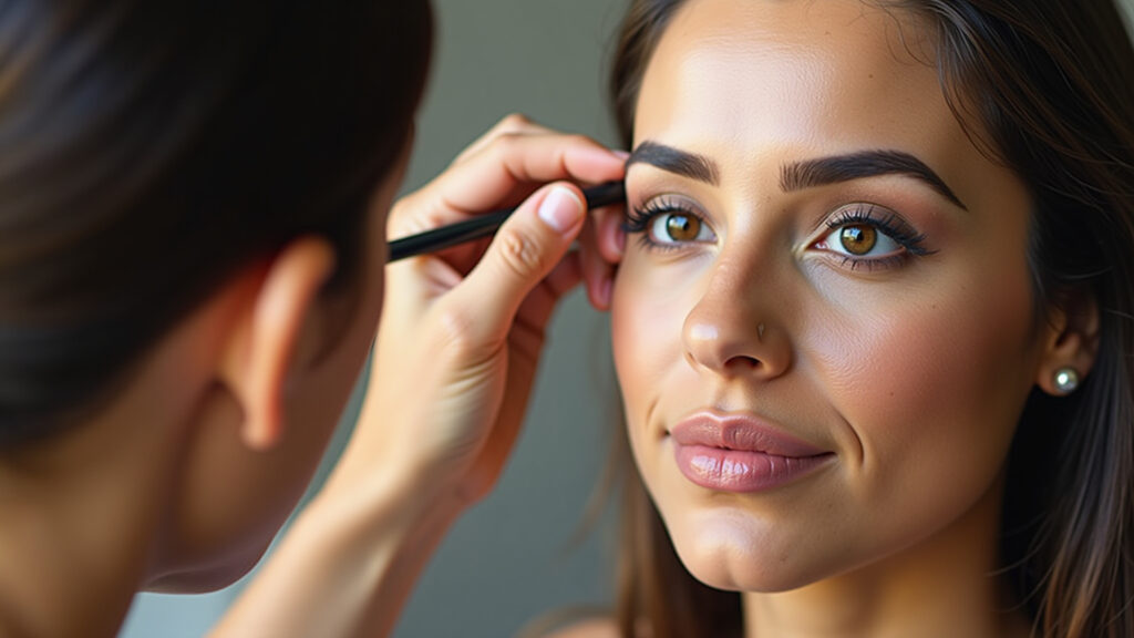 Filling in eyebrows with a pencil for strawberry makeup, Brazilian woman, natural light, 8K, Preenchimento das sobrancelhas com lápis para valorizar o olhar.