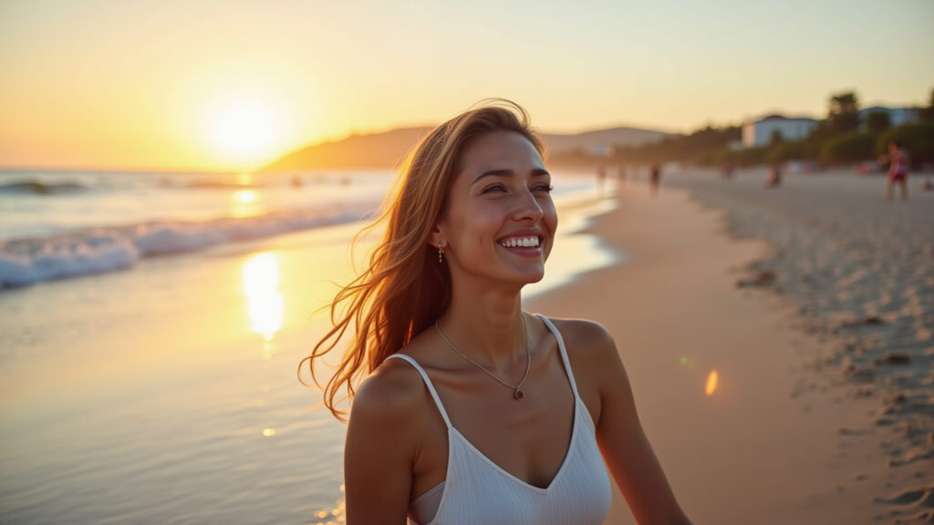 Florianópolis beach: woman enjoying sunset, safe and relaxed, solo travel, natural lighting, 8K, Mulher aproveitando o pôr do sol em Florianópolis, viajando sozinha.