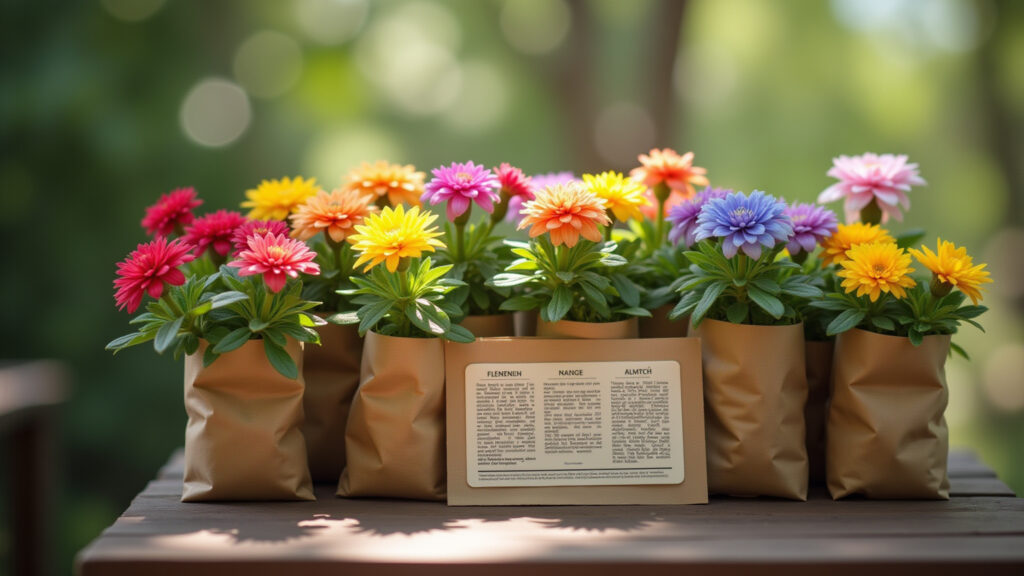 Flower seeds for planting, kraft paper bags, planting instructions, natural light, 8K quality, Sementes de flores para plantar como lembrancinha de maternidade.