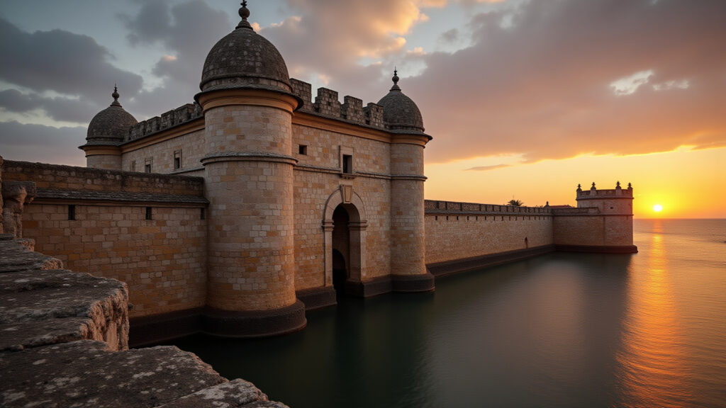 Forte dos Reis Magos Natal, sunset, historical architecture, professional photography, 8K quality, Visita ao Forte dos Reis Magos no Natal.