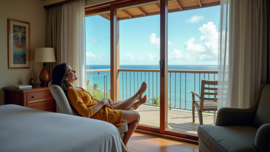 Galapagos hotel: woman relaxing on balcony with ocean view, comfortable setting, natural lighting, Mulher relaxando em hotel em Galápagos.
