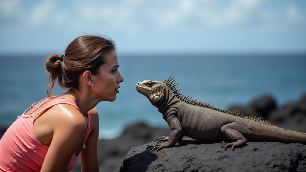 Galapagos Islands: woman observing marine iguana on volcanic rock, ocean background, natural Mulher observando iguana marinha em Galápagos.