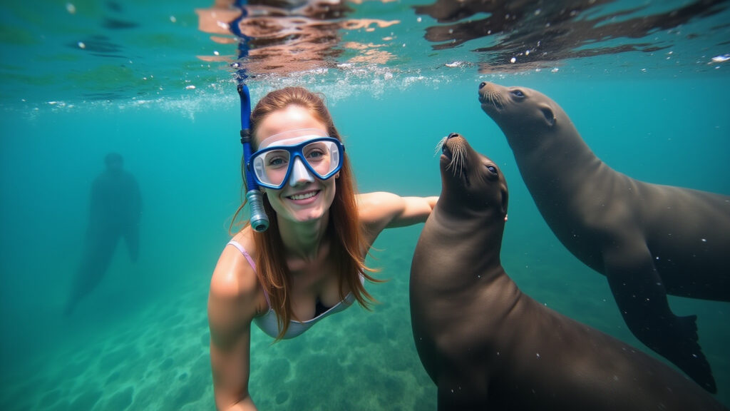 Galapagos Islands: woman snorkeling with sea lions, crystal clear water, vibrant marine life, Mulher nadando com leões-marinhos em Galápagos.