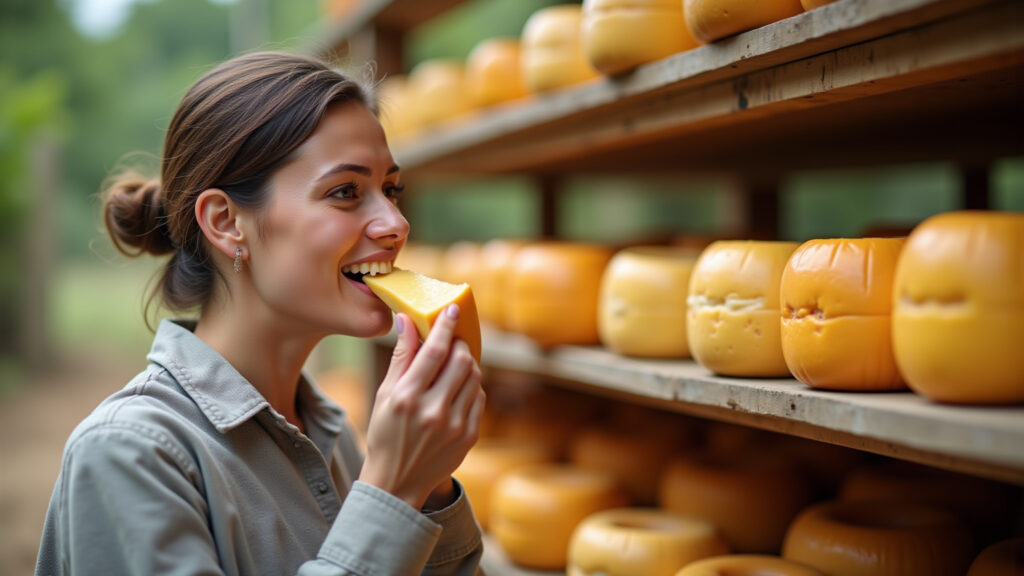 Gastronomic tour in São Paulo countryside, woman tasting cheese, 8K quality, natural lighting, Mulher apreciando queijos artesanais em um roteiro gastronômico no interior de SP.