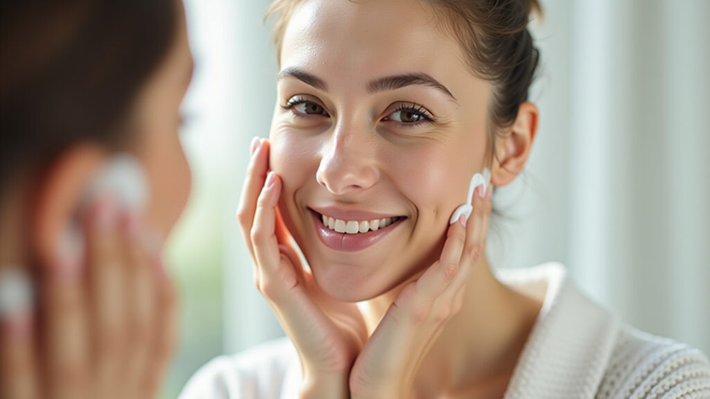 Gentle skincare for sensitive skin, woman applying calming cream, minimalist routine, 8k, Skincare para pele sensível.