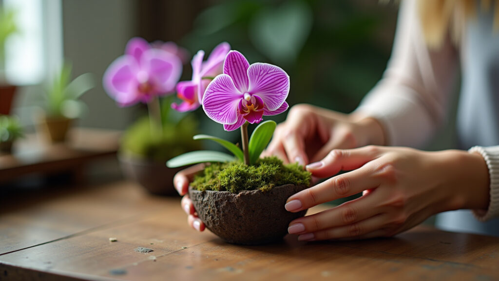 Mãos criando um kokedama de orquídea com musgo e substrato.