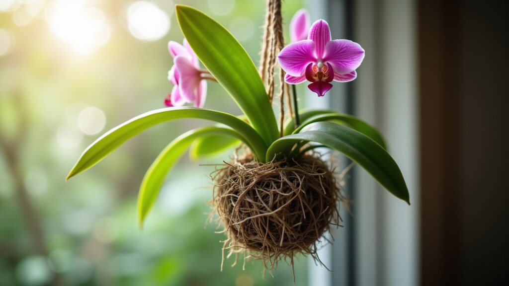 Kokedama de orquídea pendurado em um ambiente decorado.