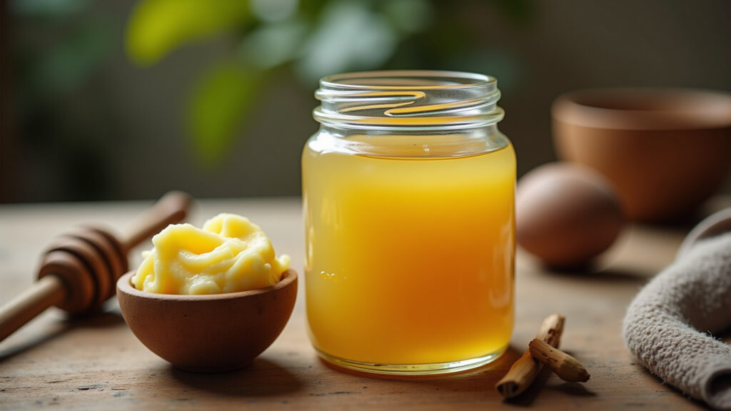 Homemade lip balm preparation with honey, olive oil, shea butter, natural light, rustic kitchen Hidratante labial caseiro com ingredientes naturais.