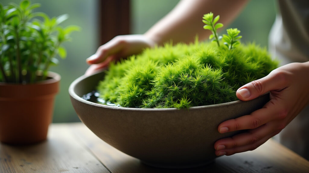 Hidratando o musgo esfagno para usar no kokedama.