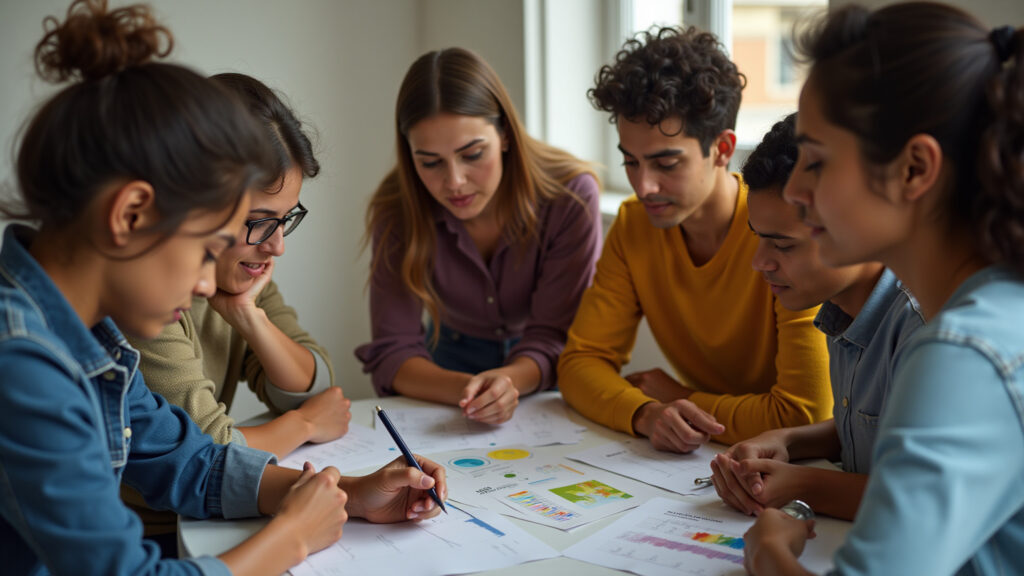 Hyper-realistic image of a diverse group of Brazilians collaborating on a project, showcasing Grupo diverso colaborando, liderança capricorniana.