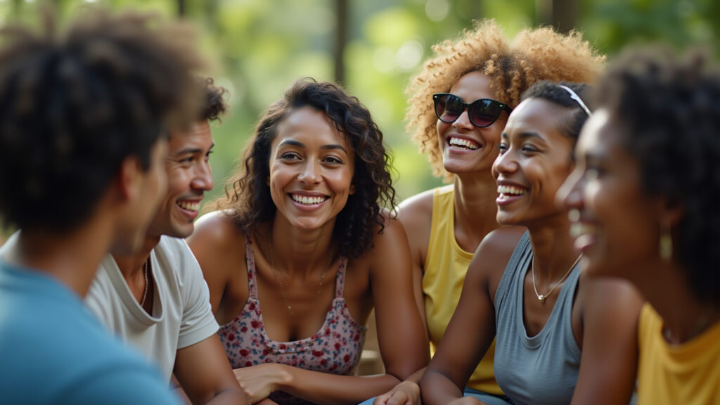 Hyper-realistic image of a diverse group of Brazilians discussing Capricorn's influence. Natural Brasileiros discutindo sobre Capricórnio.