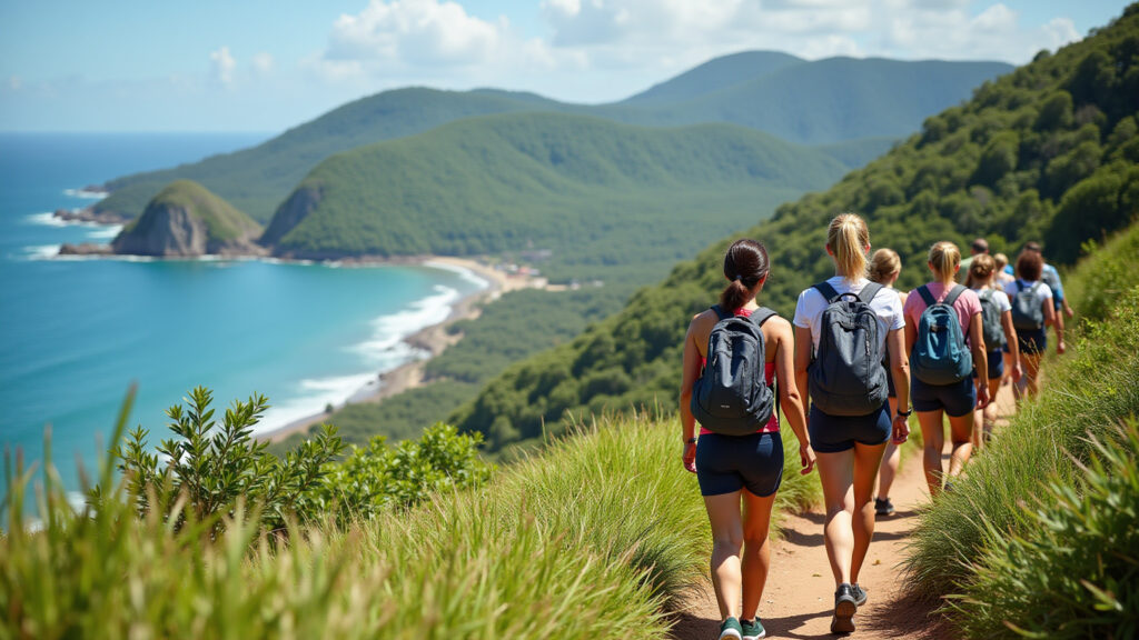 Ilha Grande, RJ: diverse group of women hiking, lush green trails, sunny day, ocean view, natural Mulheres explorando trilha exuberante na Ilha Grande, Rio de Janeiro.
